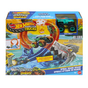 Hot Wheels Monster Trucks Sharks vs Dinos Spiral Shark Smash Track Set, in packaging