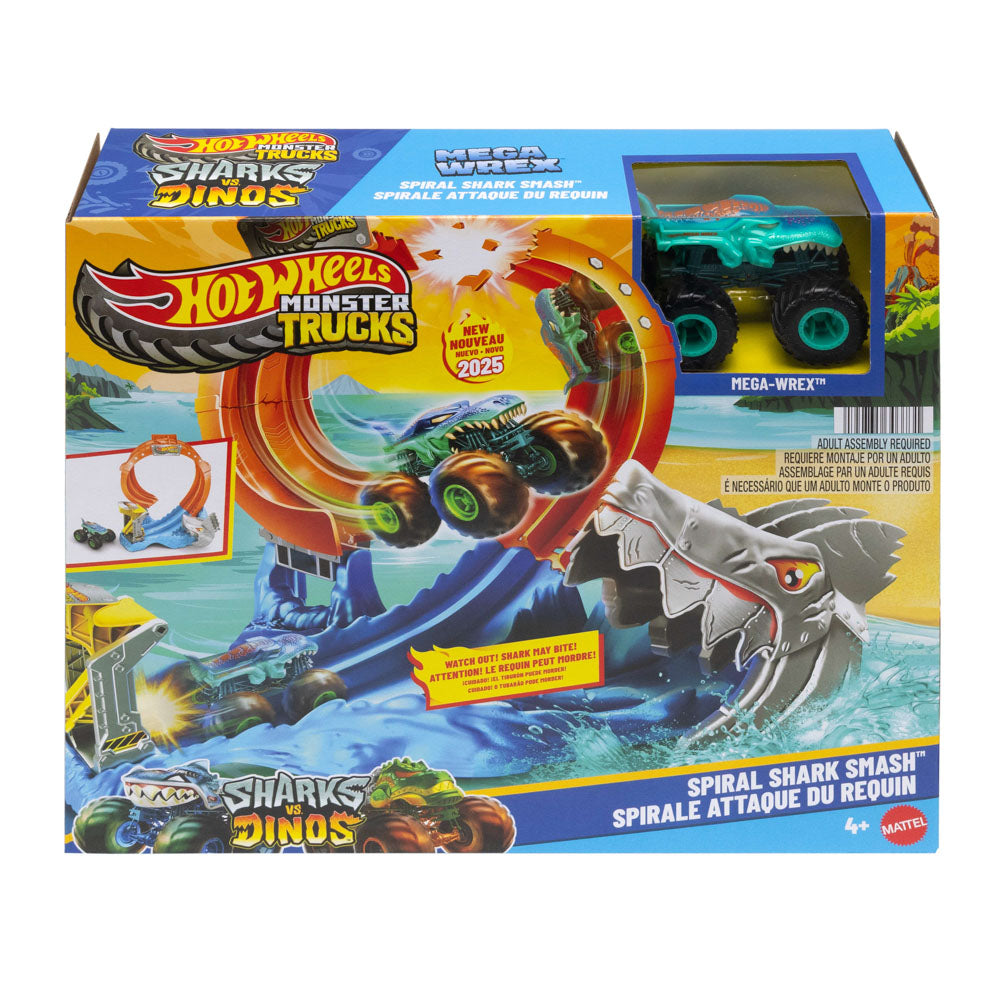 Hot Wheels Monster Trucks Sharks vs Dinos Spiral Shark Smash Track Set, in packaging