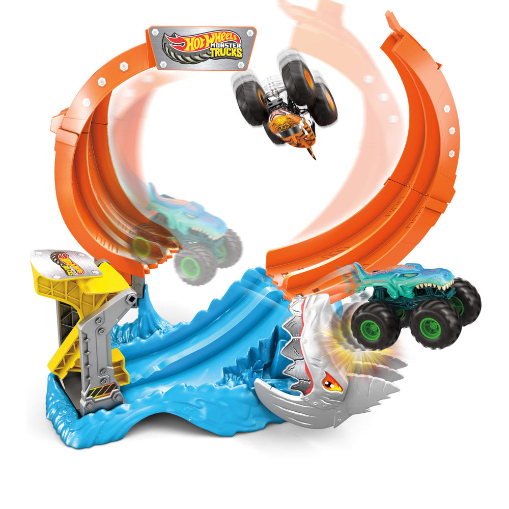 Hot Wheels Monster Trucks Sharks vs Dinos Spiral Shark Smash Track Set