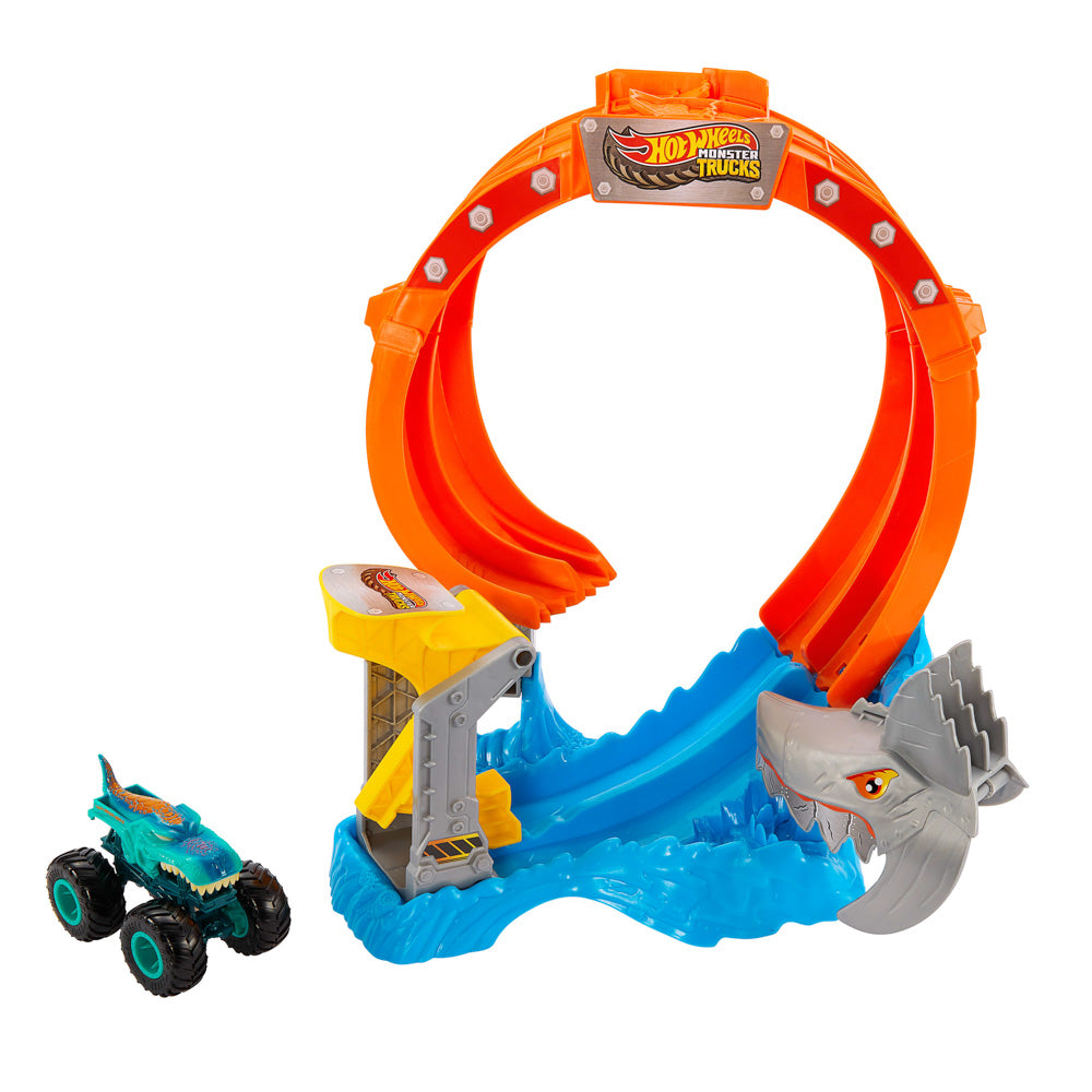 Hot Wheels Monster Trucks Sharks vs Dinos Spiral Shark Smash Track Set