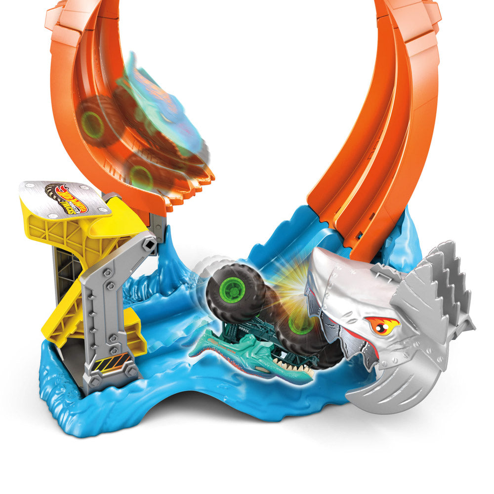 Hot Wheels Monster Trucks Sharks vs Dinos Spiral Shark Smash Track Set