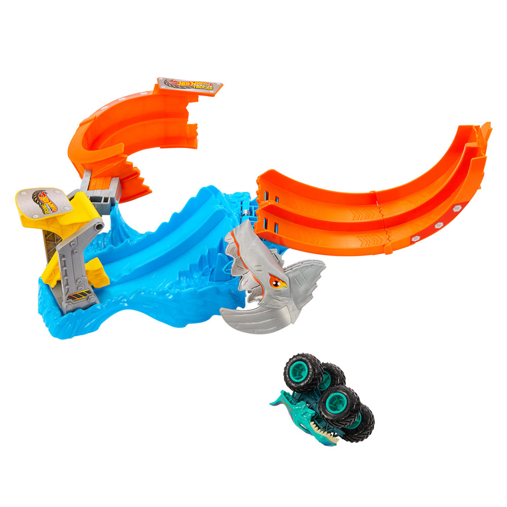 Hot Wheels Monster Trucks Sharks vs Dinos Spiral Shark Smash Track Set