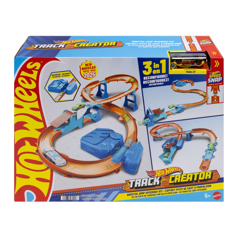 Hot Wheels Track Creator 3-in-1 Motorized Boosted Jump Speedway Kit, in packaging