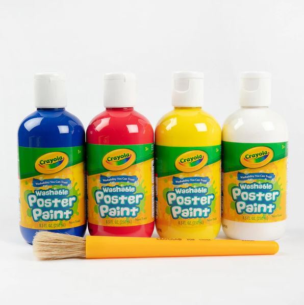 Crayola Washable Poster Paint-A-Pack (White/Yellow/Red/Blue) Classic Colours + Brush