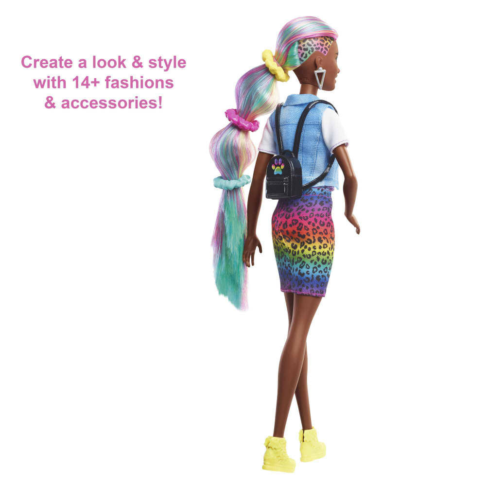 Barbie Leopard Rainbow Hair Doll Animal Print Skirt - Toyworld NZ