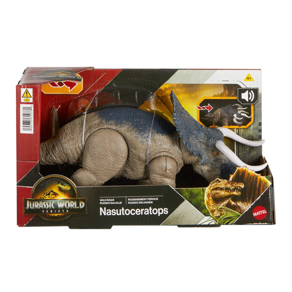 Jurassic World Rebirth Wild Roar Sounds Nasutoceratops dinosaur toy.
