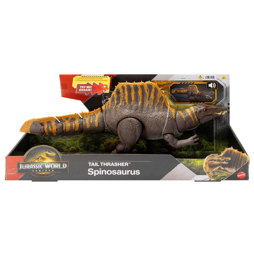 Jurassic World Rebirth Tail Thrasher Spinosaurus dinosaur toy, in packaging