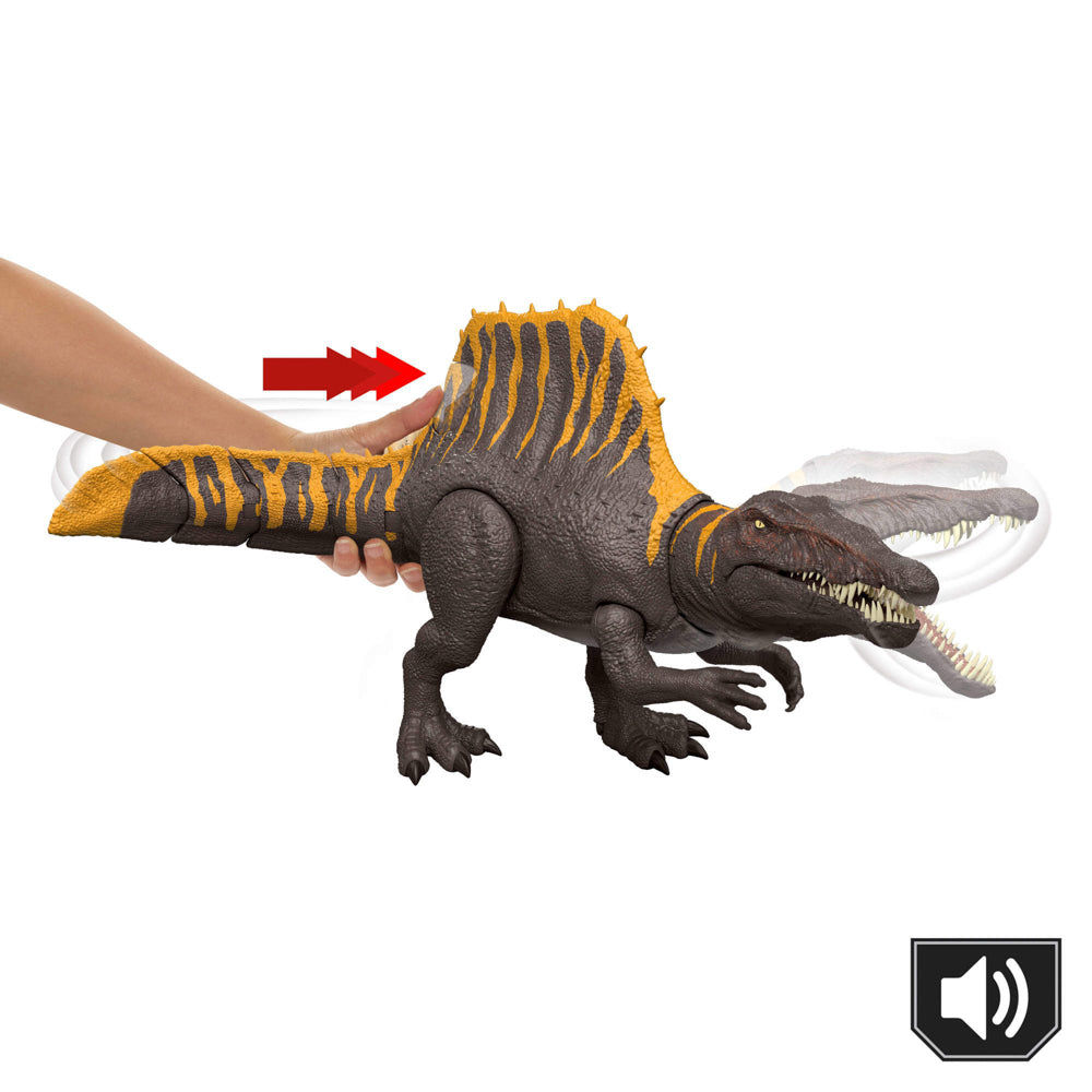 Press button on the Jurassic World Rebirth Tail Thrasher Spinosaurus dinosaur toy to make its head and tail move.
