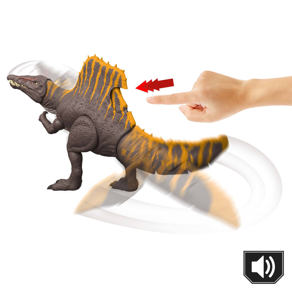 Press button on the Jurassic World Rebirth Tail Thrasher Spinosaurus dinosaur toy to make its head and tail move.
