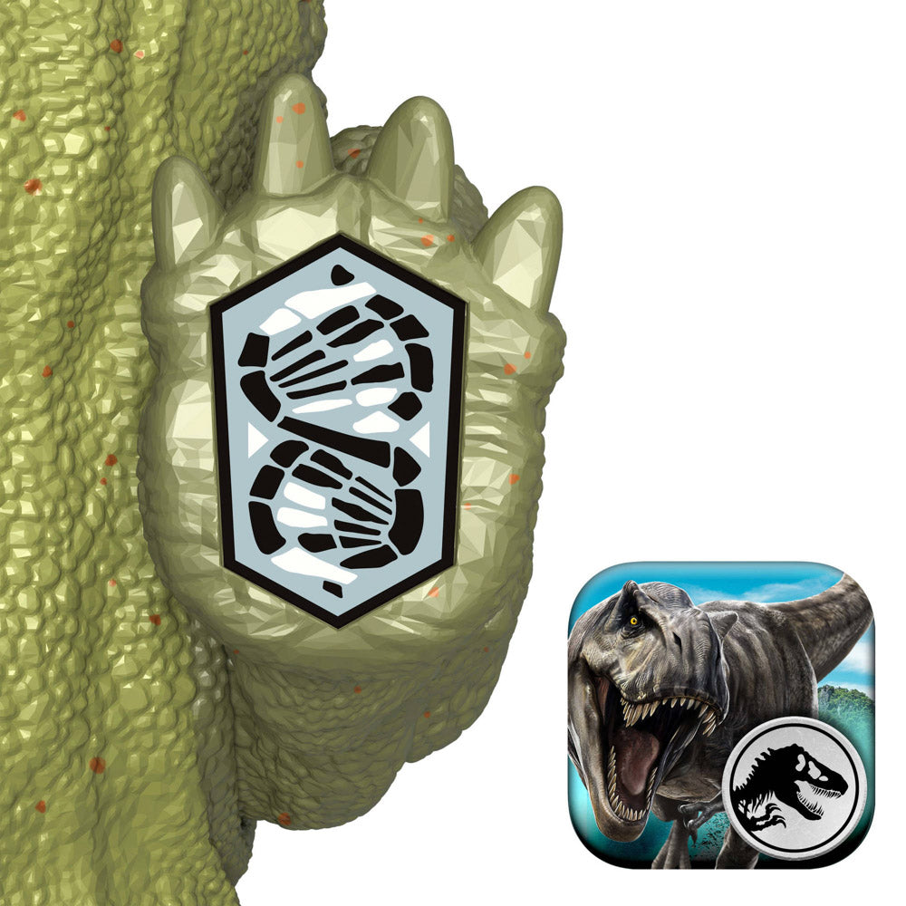 Scan the code under the foot of Kosmoceratops Dinosaur in the Jurassic World Play App to unlock a digital dinosaur.
