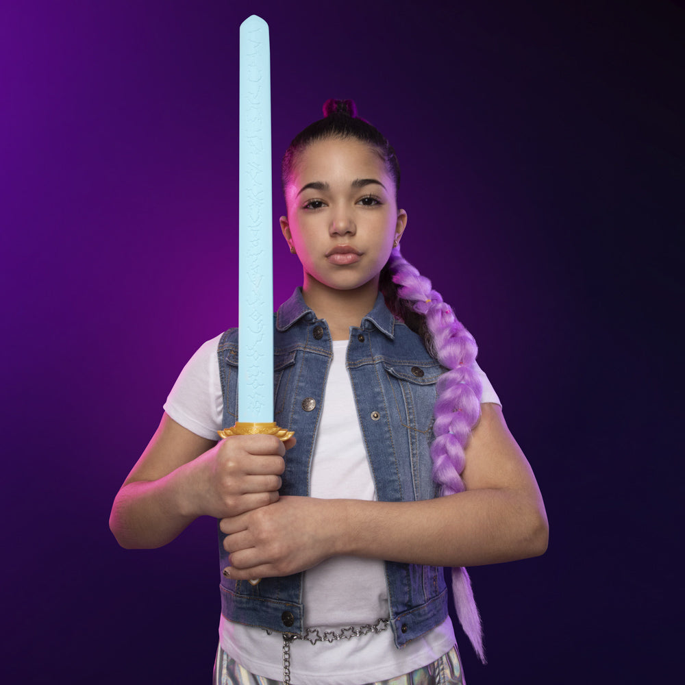 Girl holding KPop Demon Hunters Rumi's Four Tiger Sword