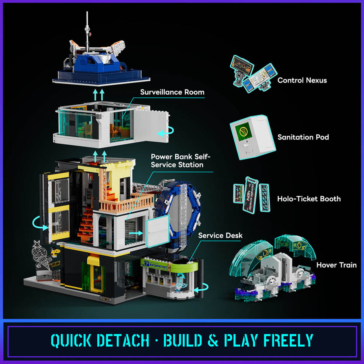 Lumibricks Cyberpunk Neoncity Floating Train Station