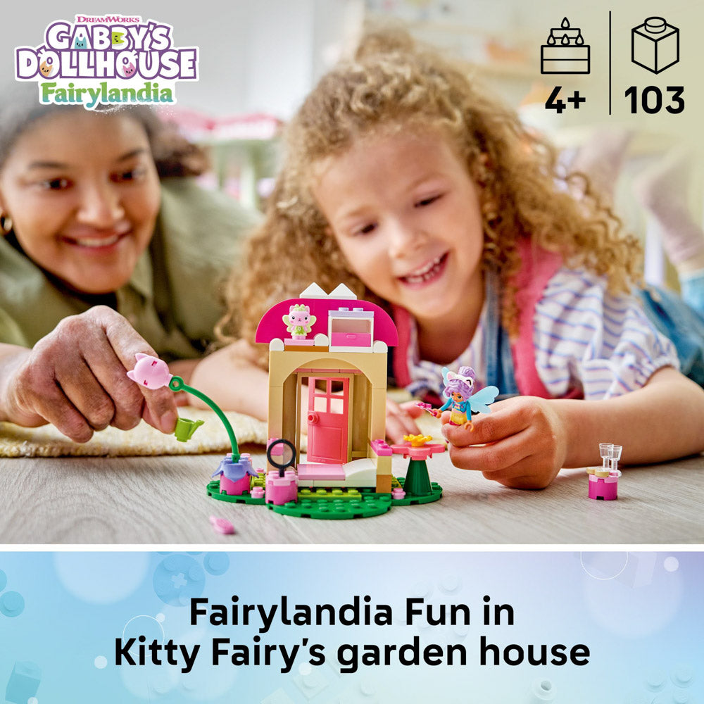 Child playing with the LEGO 11212 Gabby’s Dollhouse Kitty Fairy’s Garden House set.