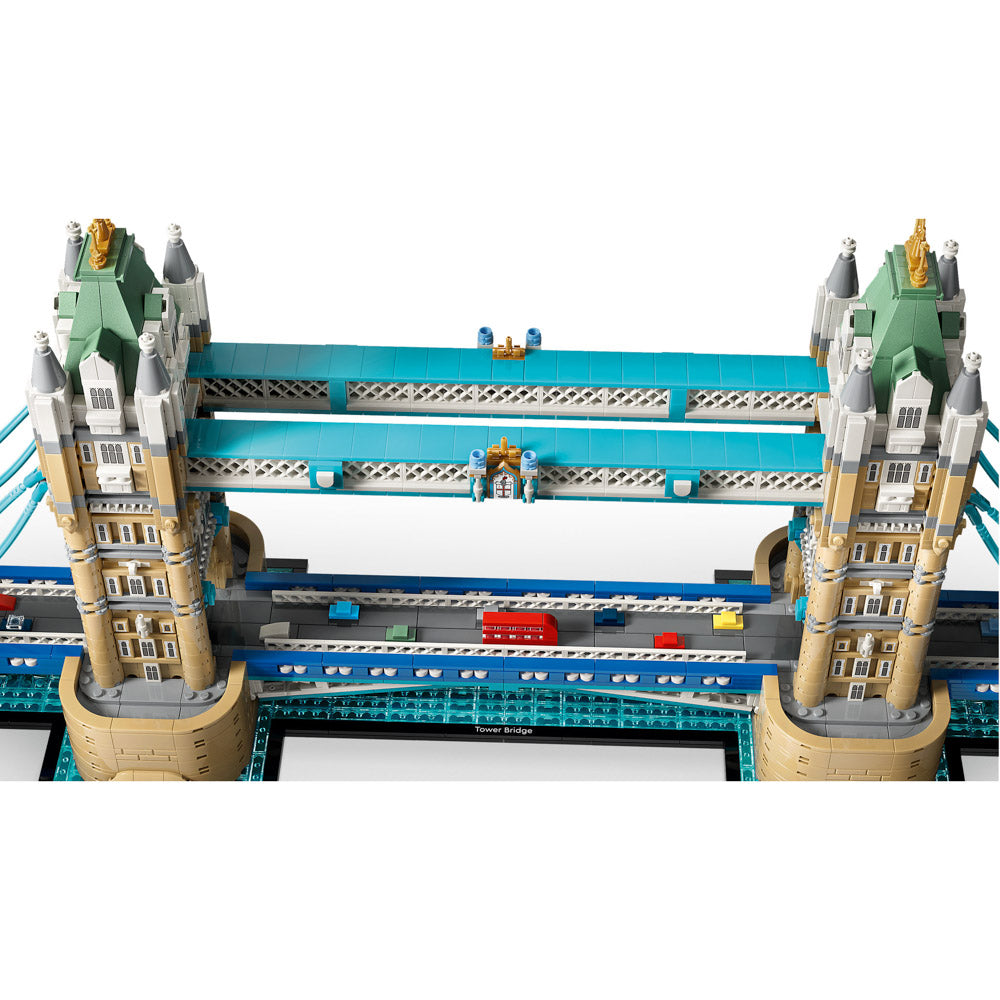 Assembled LEGO 21067 Architecture Tower Bridge River Thames set.