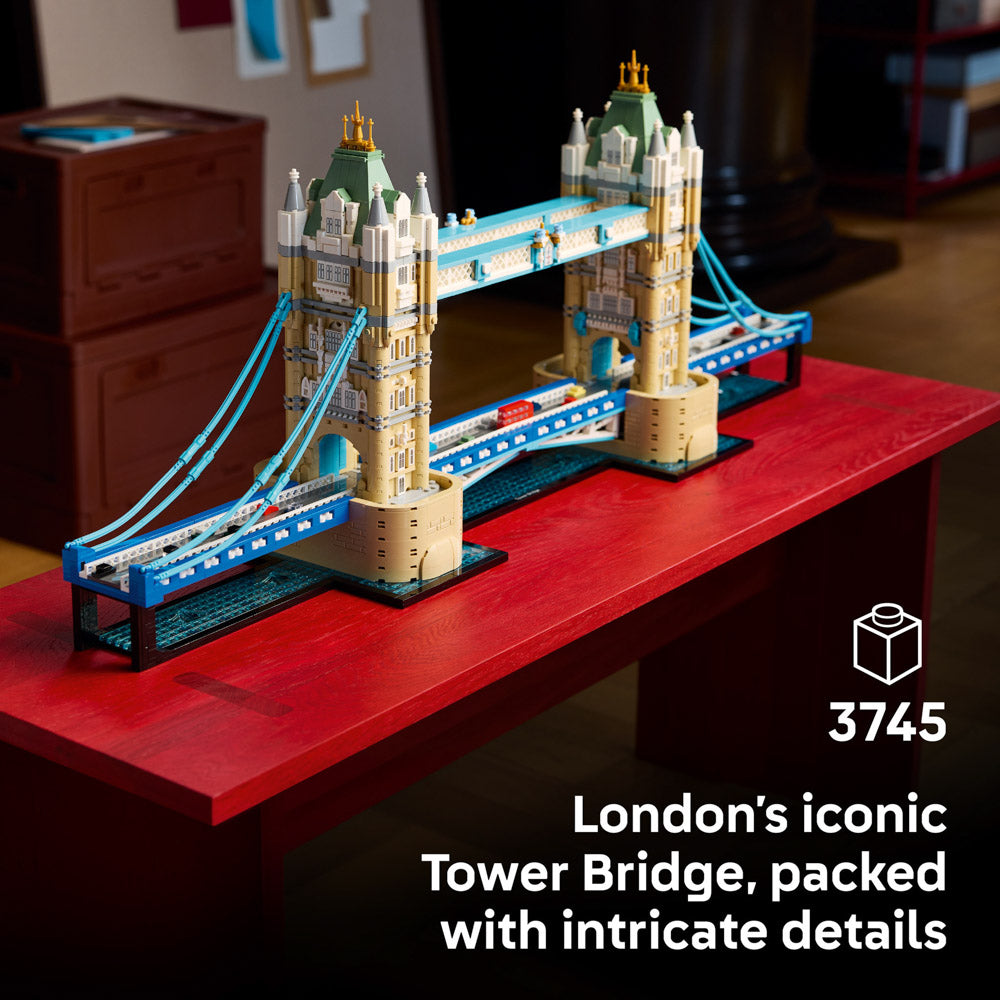 Assembled LEGO 21067 Architecture Tower Bridge River Thames set.