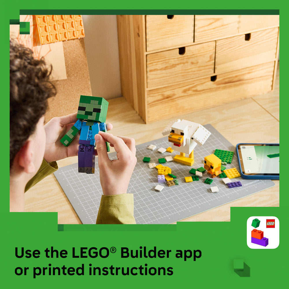 Use the lego builder app to make the Boy holding the assembled LEGO 21582 Minecraft Chicken Jockey set