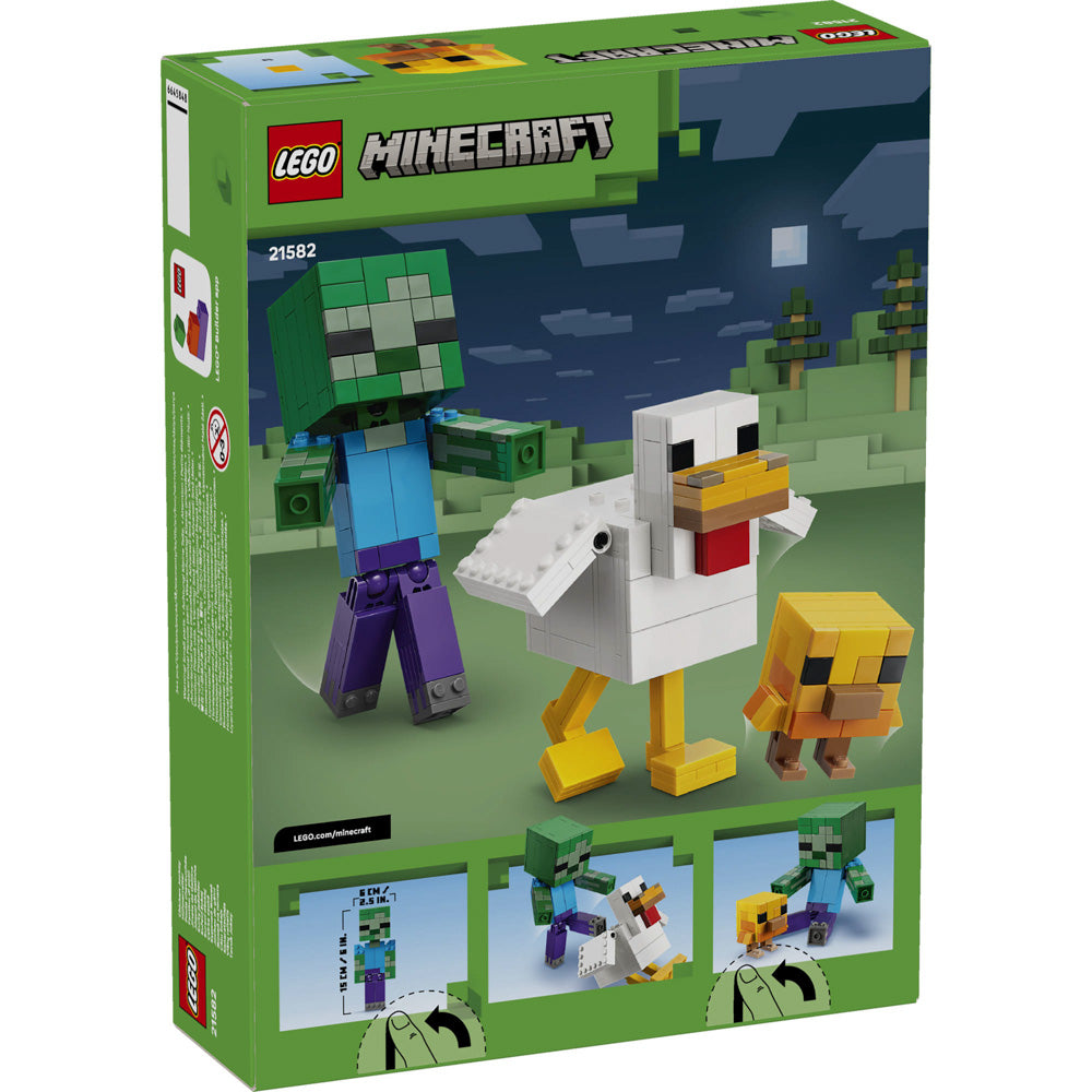 Back packaging of the Boy holding the assembled LEGO 21582 Minecraft Chicken Jockey set