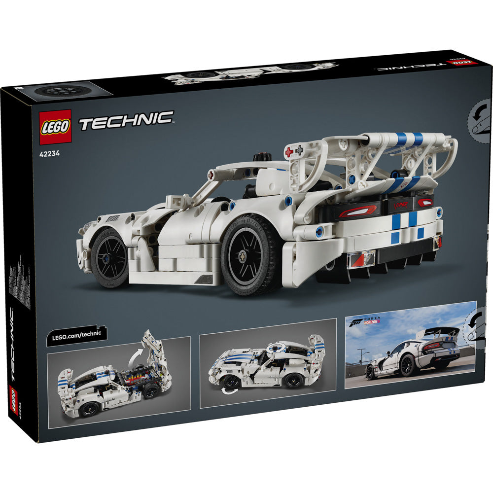 Back packaging of the LEGO 42234 Technic Dodge Viper GTS-R Sports Car set.