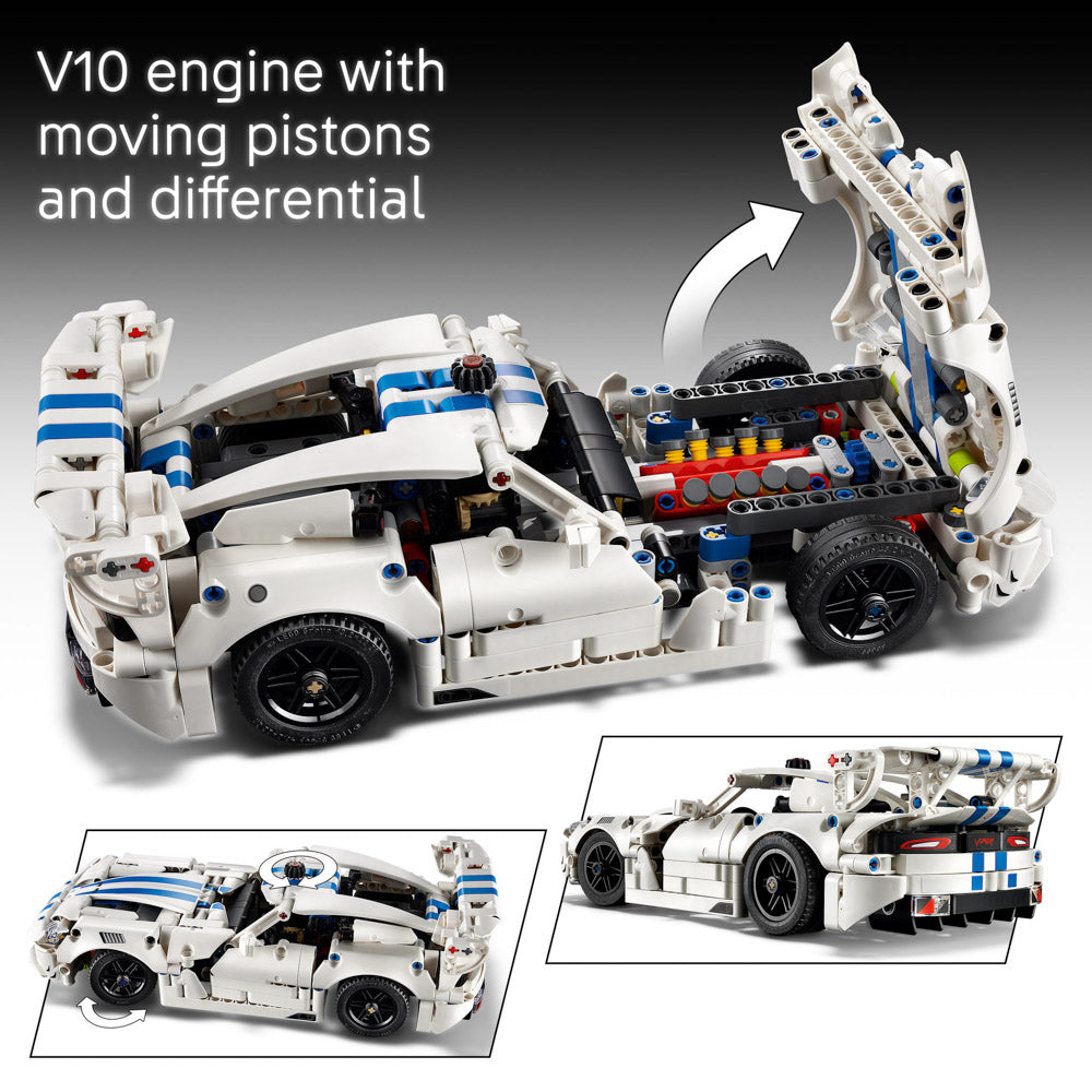 V10 Engine inside of the assembled LEGO 42234 Technic Dodge Viper GTS-R Sports Car set.