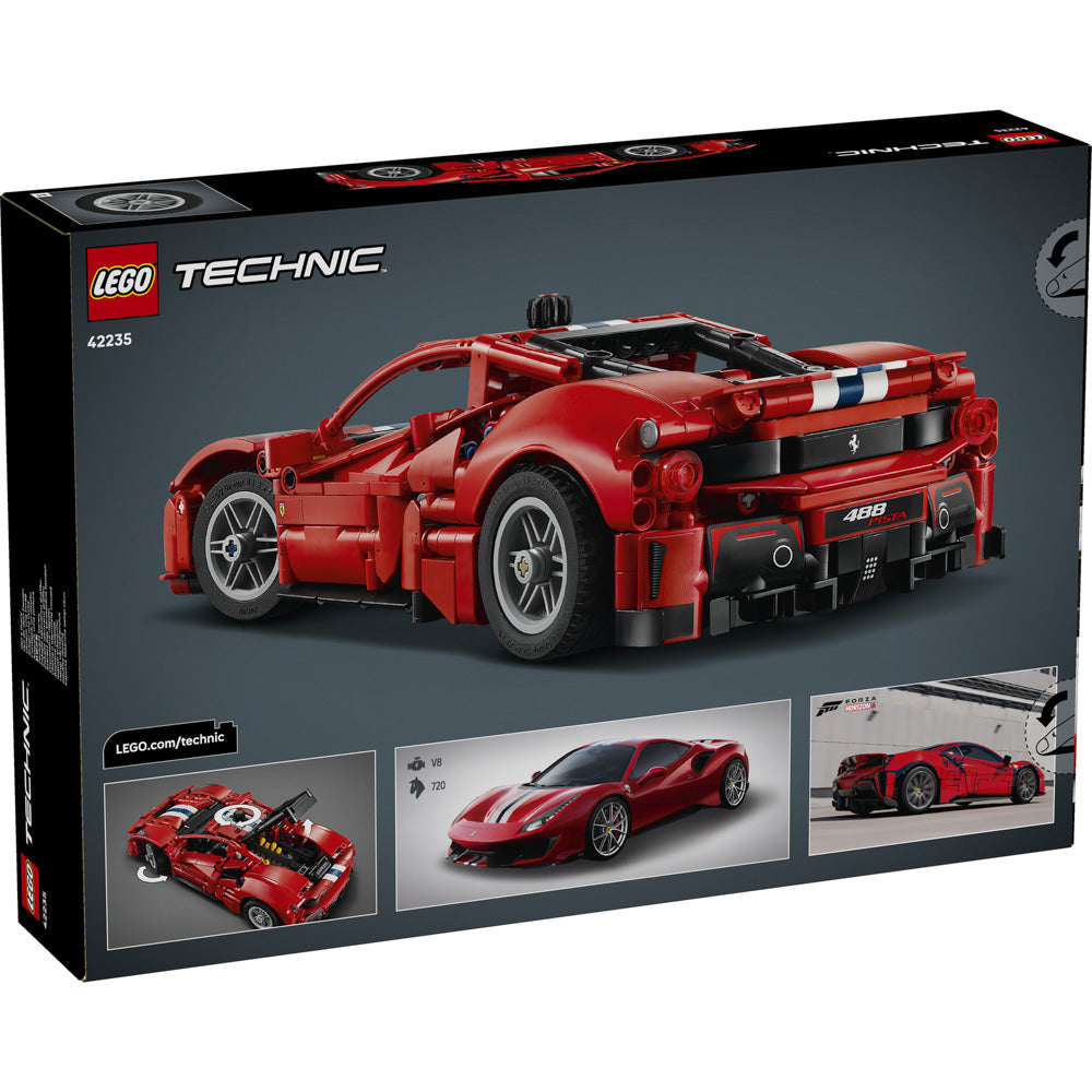 Back packaging of the LEGO 42235 Technic Ferrari 488 Pista Car set.