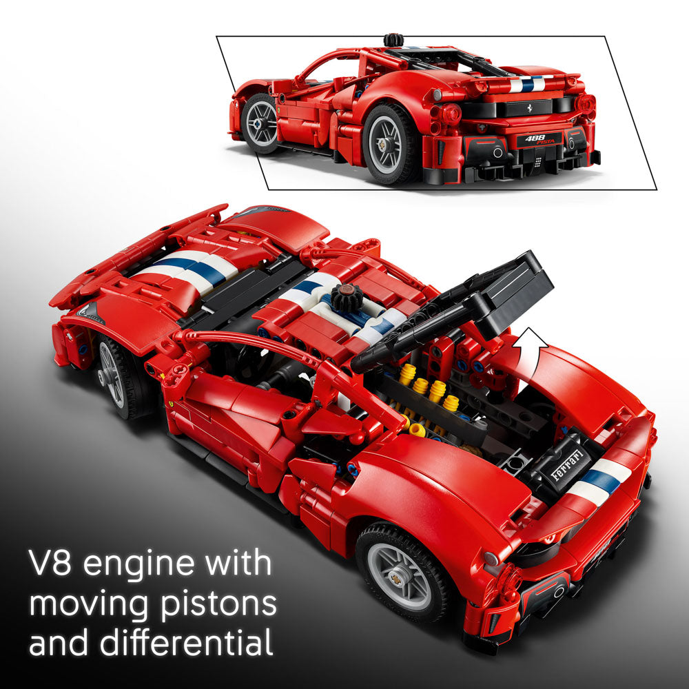 Assembled LEGO 42235 Technic Ferrari 488 Pista Car set with b8 engine.