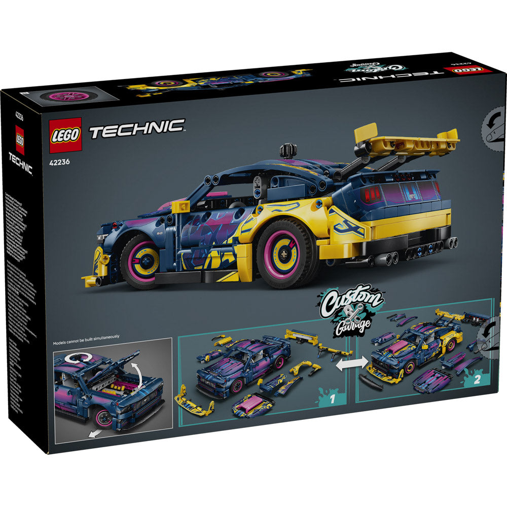 Back packaging of the Assembled LEGO 42236 Technic Custom Garage Ford Mustang GT Car set