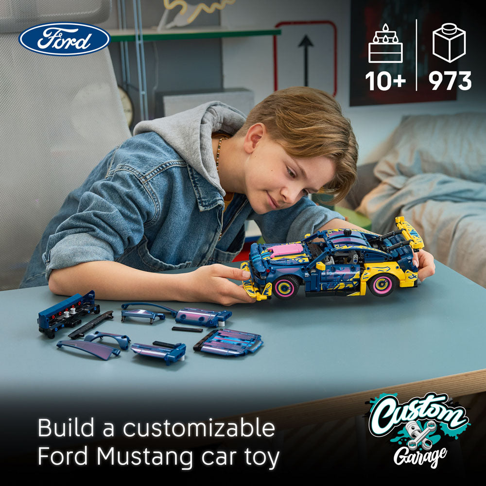 Boy building the LEGO 42236 Technic Custom Garage Ford Mustang GT Car set