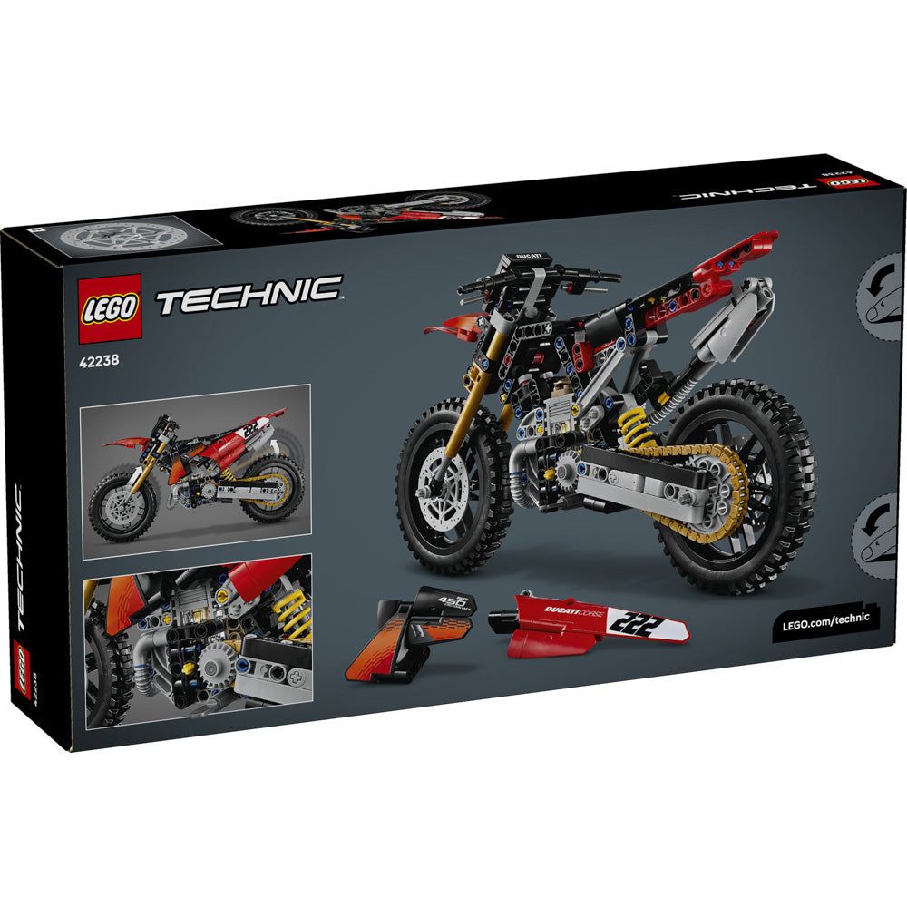 Back packaging of the LEGO 42238 Technic Ducati Desmo450 MX Factory Motorcycle set