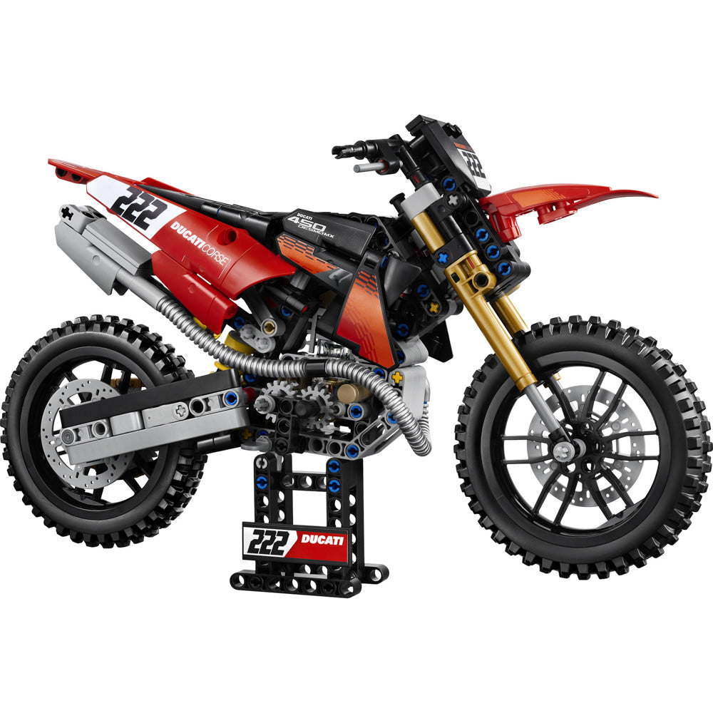 Assembled LEGO 42238 Technic Ducati Desmo450 MX Factory Motorcycle set on stand