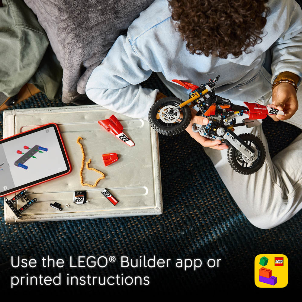 Use the lego builder app to make the LEGO 42238 Technic Ducati Desmo450 MX Factory Motorcycle set