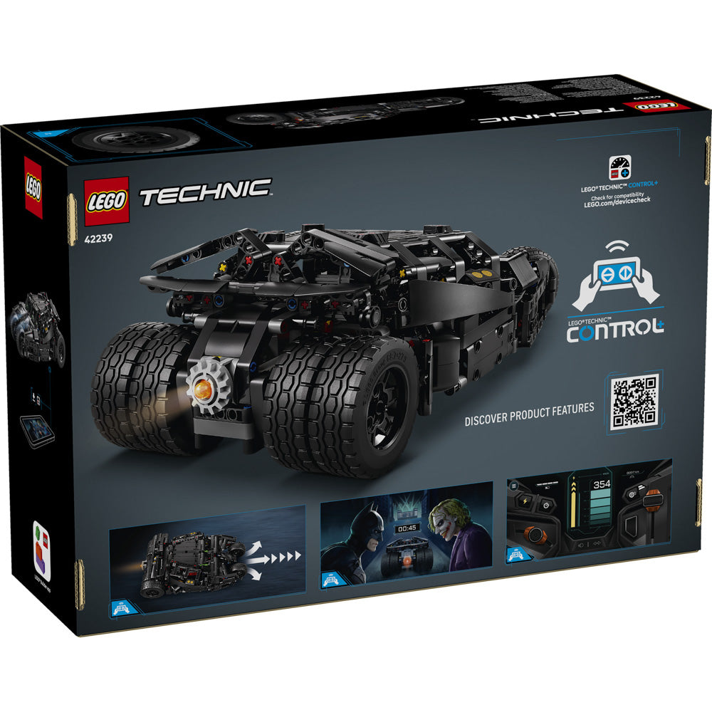 Back packaging of the LEGO 42239 Technic Batman Batmobile Tumbler Car set.