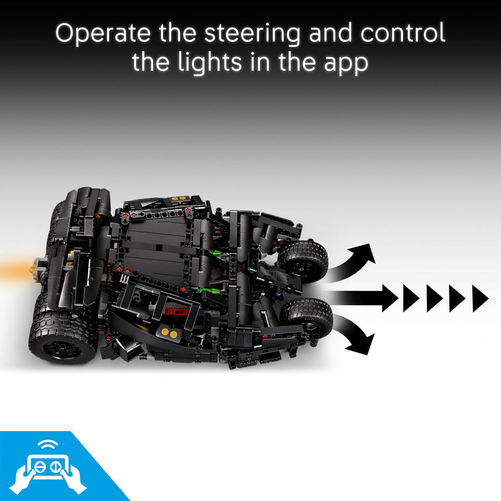 Real steering and lights included in the LEGO 42239 Technic Batman Batmobile Tumbler Car set.