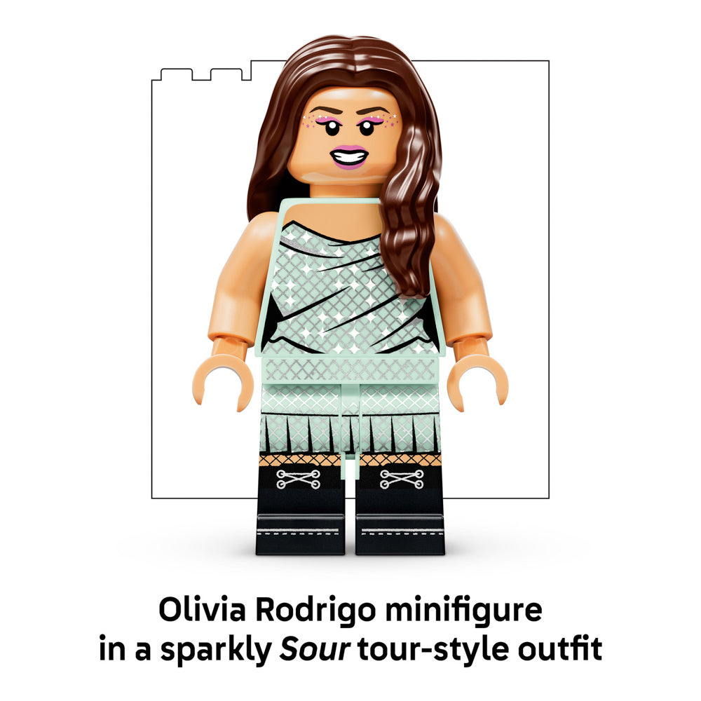 Olivia minifigure in a sparkly dress, included with the LEGO 43028 Editions Music Olivia Rodrigo's Vinyl set