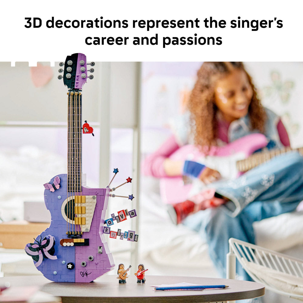 3D decorations on the LEGO 43031 Editions Music Olivia Rodrigo's Dual Guitar set that represent the singer's career.
