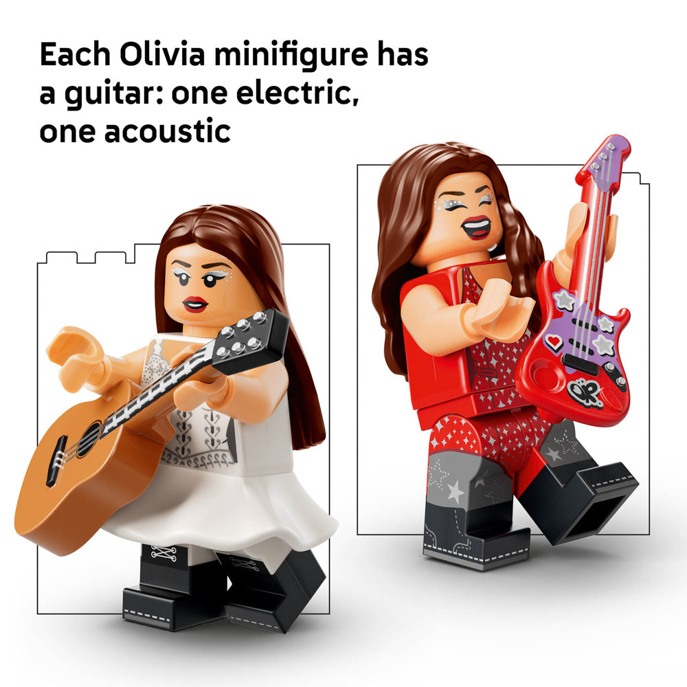 Electric guitar and acoustic guitar minifigures included with the LEGO 43031 Editions Music Olivia Rodrigo's Dual Guitar set.