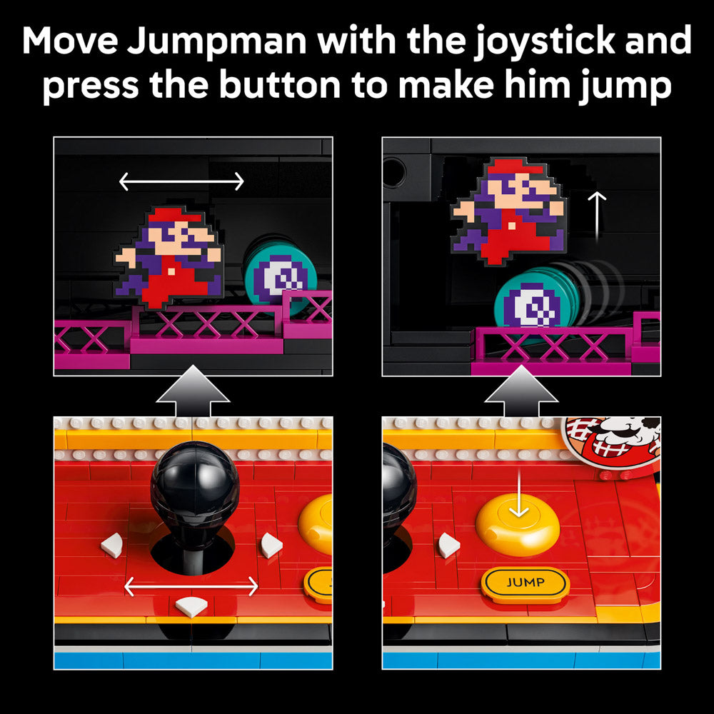 Move Jumpman with the joystick and press the button to make him jump, in the LEGO 72051 Super Mario Donkey Kong Arcade Game set.