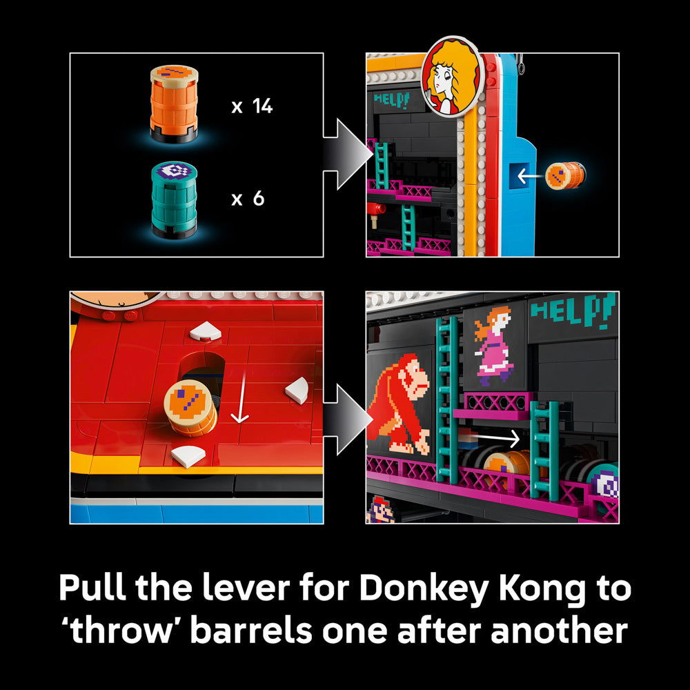 Pull the lever for Donkey Kong to throw barrels, in the LEGO 72051 Super Mario Donkey Kong Arcade Game set.
