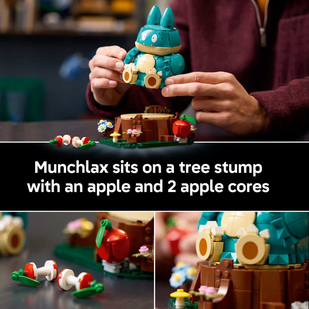 Assembled LEGO 72150 Pokémon Munchlax sits on tree stump with apple cores
