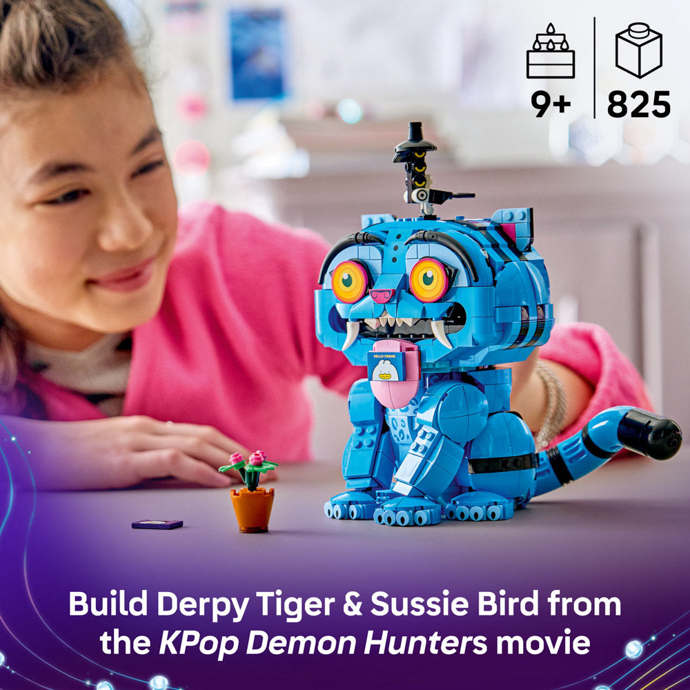 Girl building the LEGO 72537 KPop Demon Hunters Derpy Tiger and Sussie Bird set