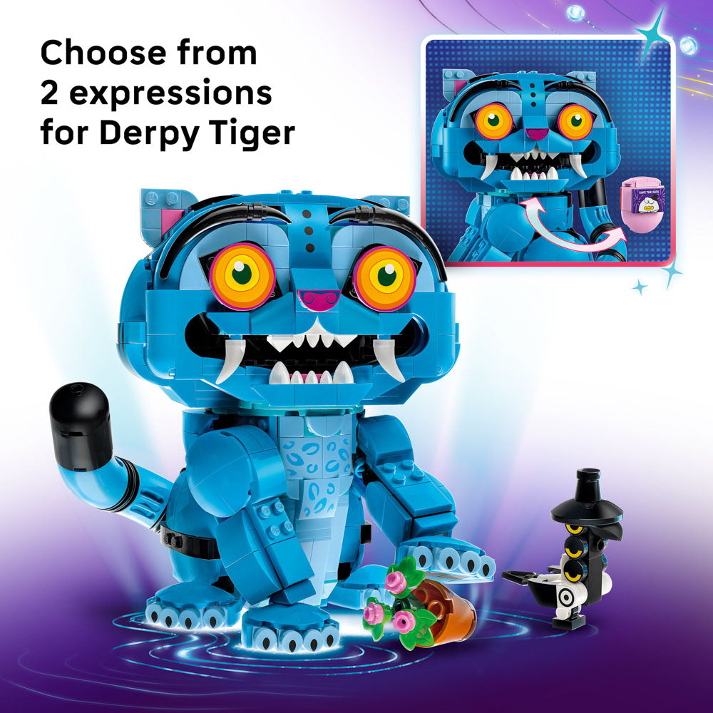 2 facial expression options for Derpy Tiger, in the LEGO 72537 KPop Demon Hunters Derpy Tiger and Sussie Bird set.