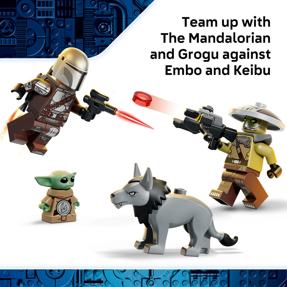 Minifigures Mandalorian, Grogu, Embo and Keibu, in the LEGO 75451 Star Wars Hutt Palace Sentry Droid Showdown set.