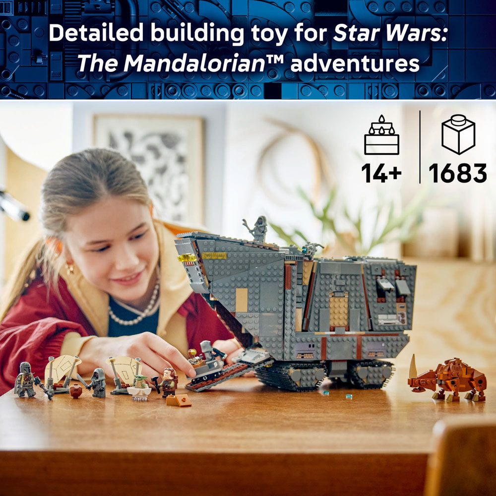 Girl playing with the assembled LEGO 75453 Star Wars Offworld Sandcrawler and Mudhorn set.