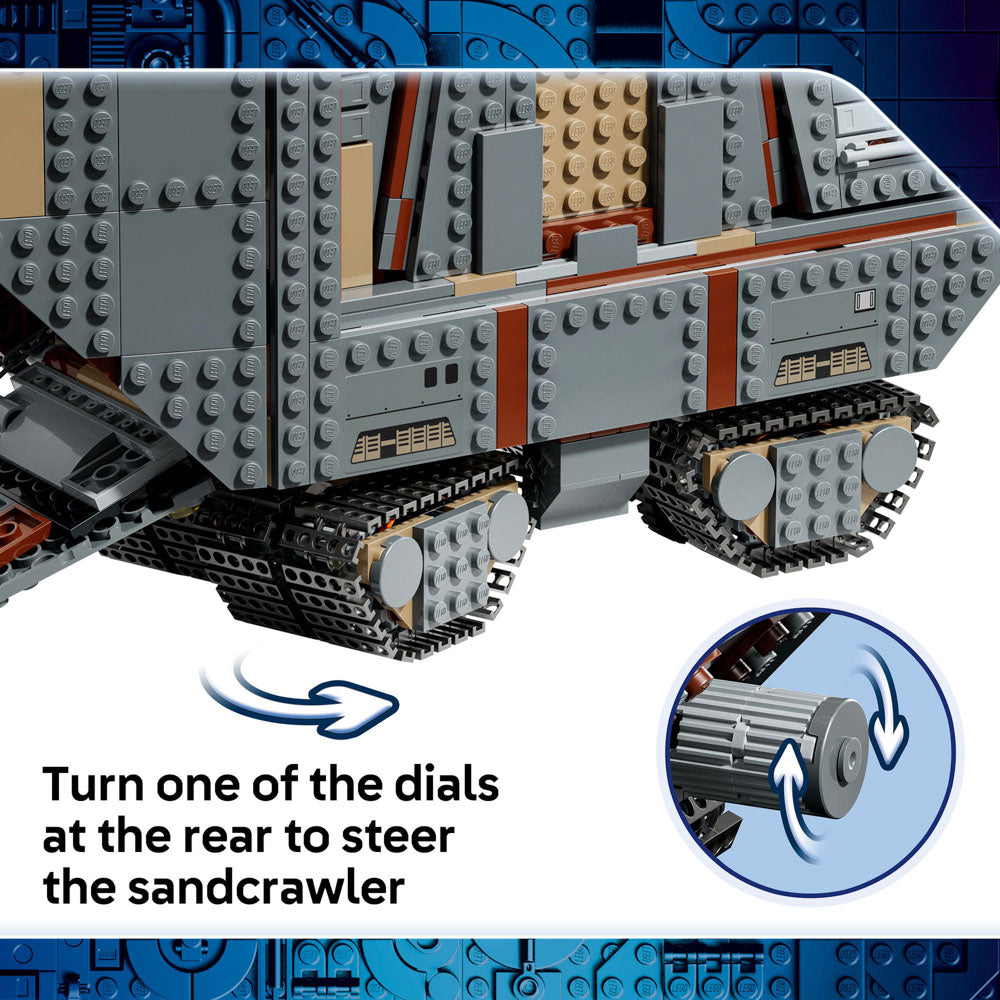 Turn dials to steer the wheels of the LEGO 75453 Star Wars Offworld Sandcrawler and Mudhorn set.