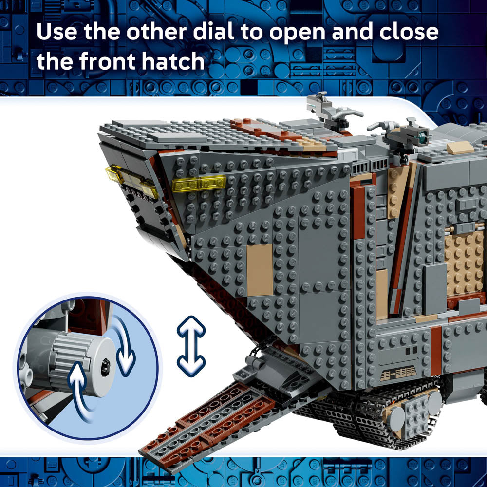Open and close the front hatch of the LEGO 75453 Star Wars Offworld Sandcrawler and Mudhorn set.