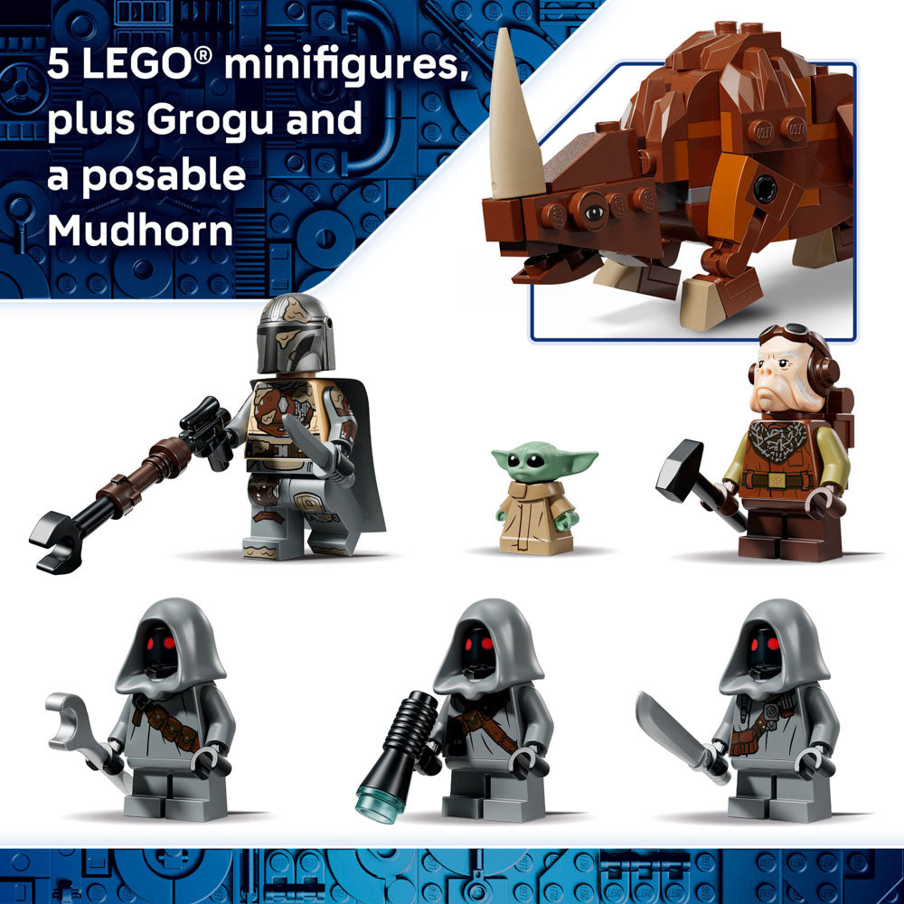 5 minifigures includes in the LEGO 75453 Star Wars Offworld Sandcrawler and Mudhorn set: Mandalorian, Grogu, Kuiil, a Jawa Elder and mudhorn.