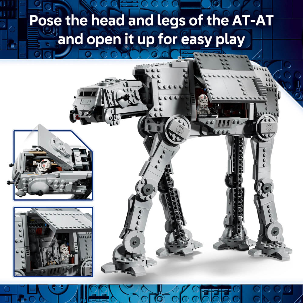 Pose the assembled LEGO 75454 Star Wars Imperial Remnant AT-AT with INT-4 set