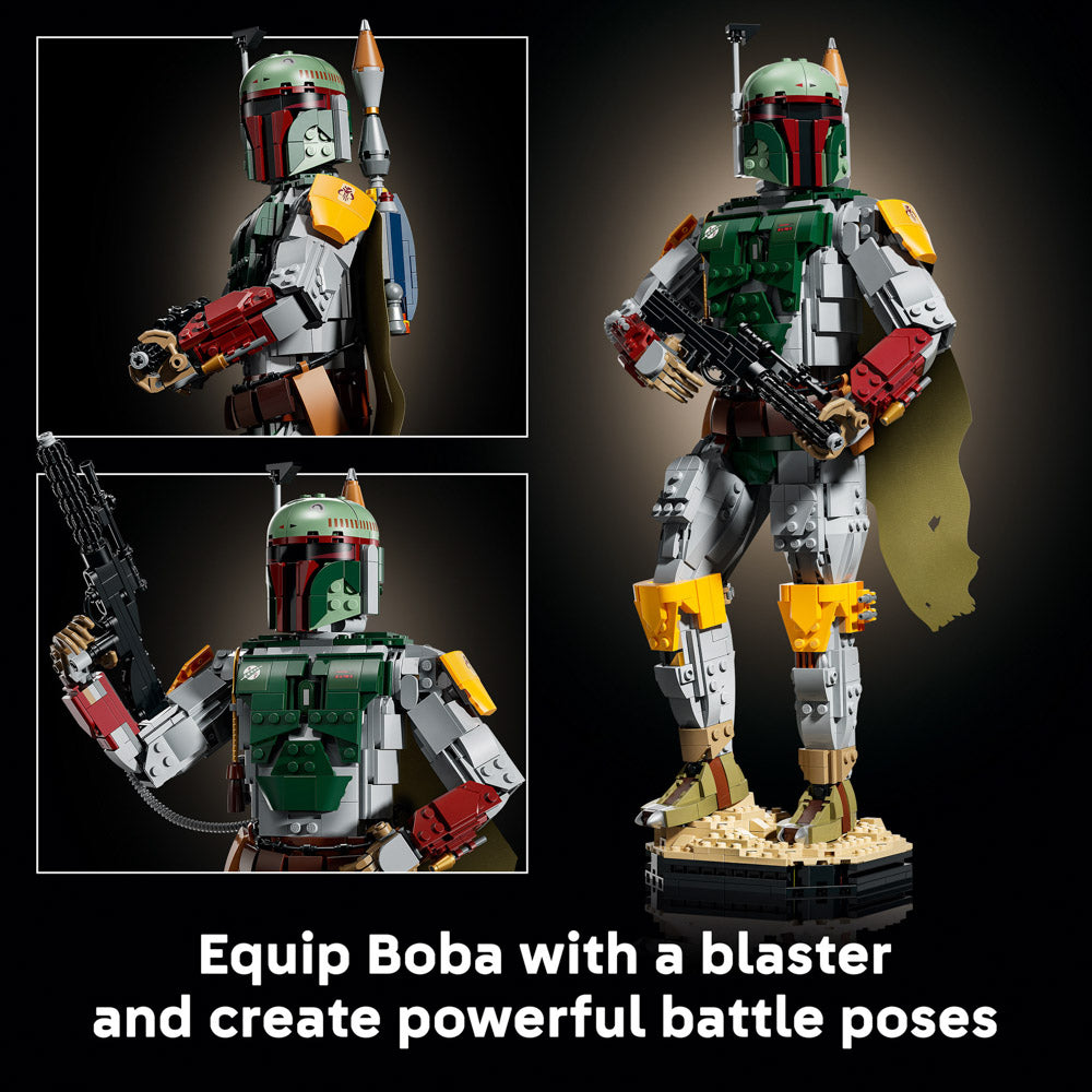 Pose Boba with the blaster in the LEGO 75455 Star Wars Boba Fett set.