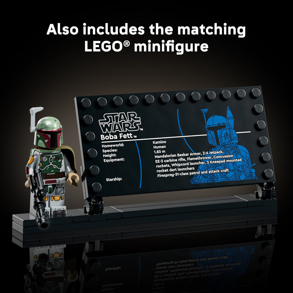 The LEGO 75455 Star Wars Boba Fett set also includes a minifigure and name plate.