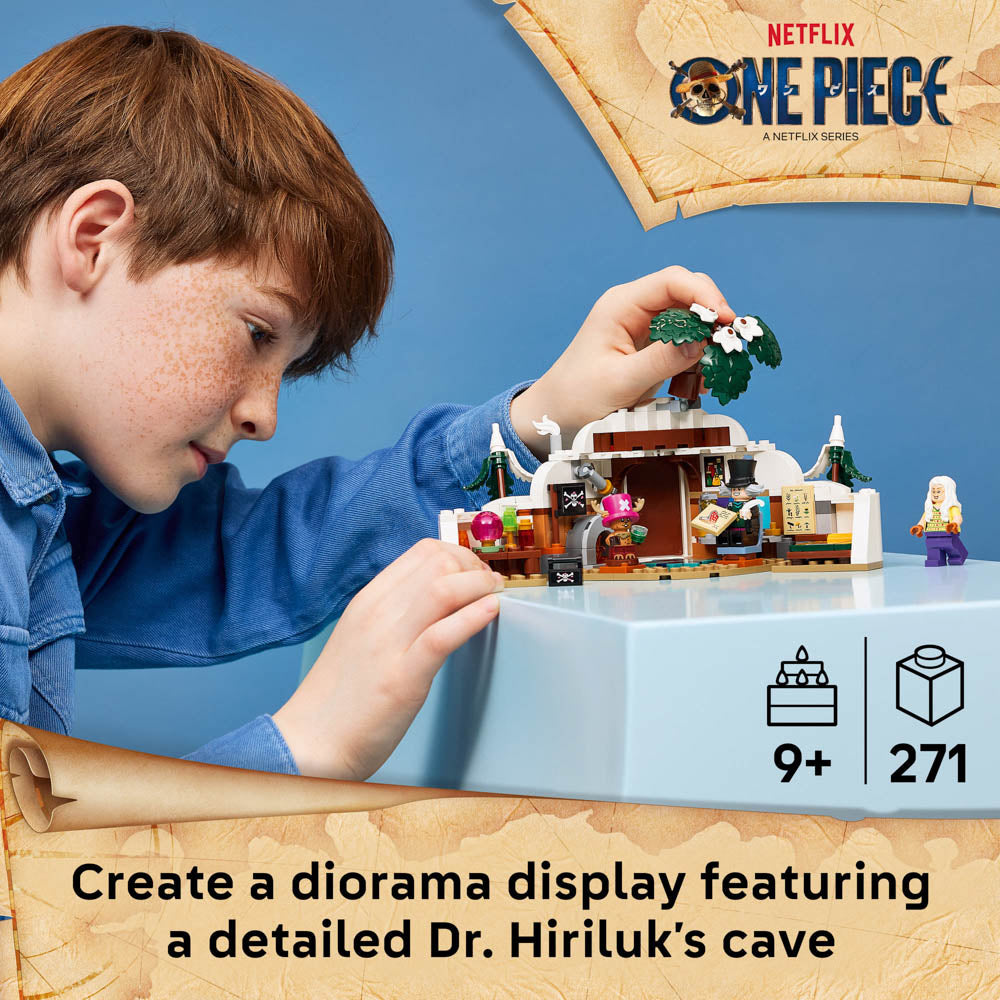 Boy building the LEGO 75641 ONE PIECE Dr. Hiriluk's Hideout diorama set
