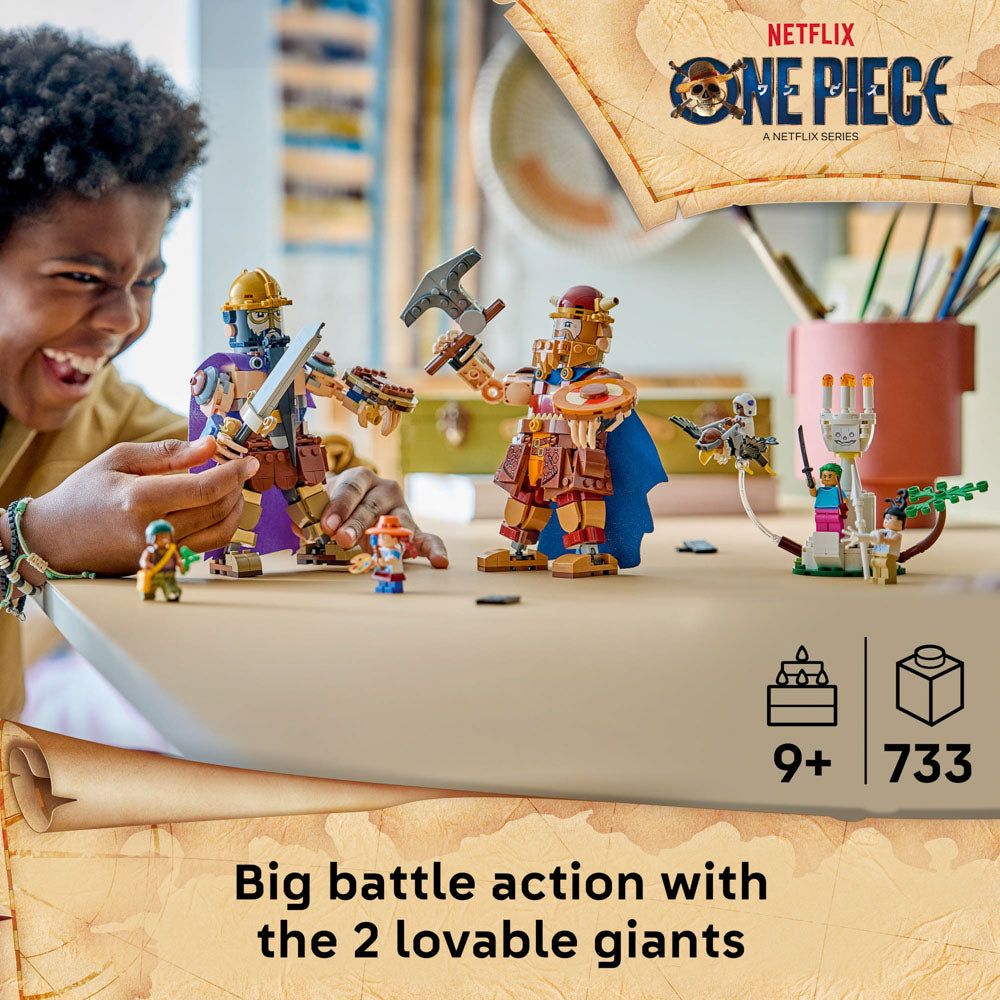 Boy playing with the assembled LEGO 75644 ONE PIECE Dorry vs. Brogy – Giants of Little Garden set